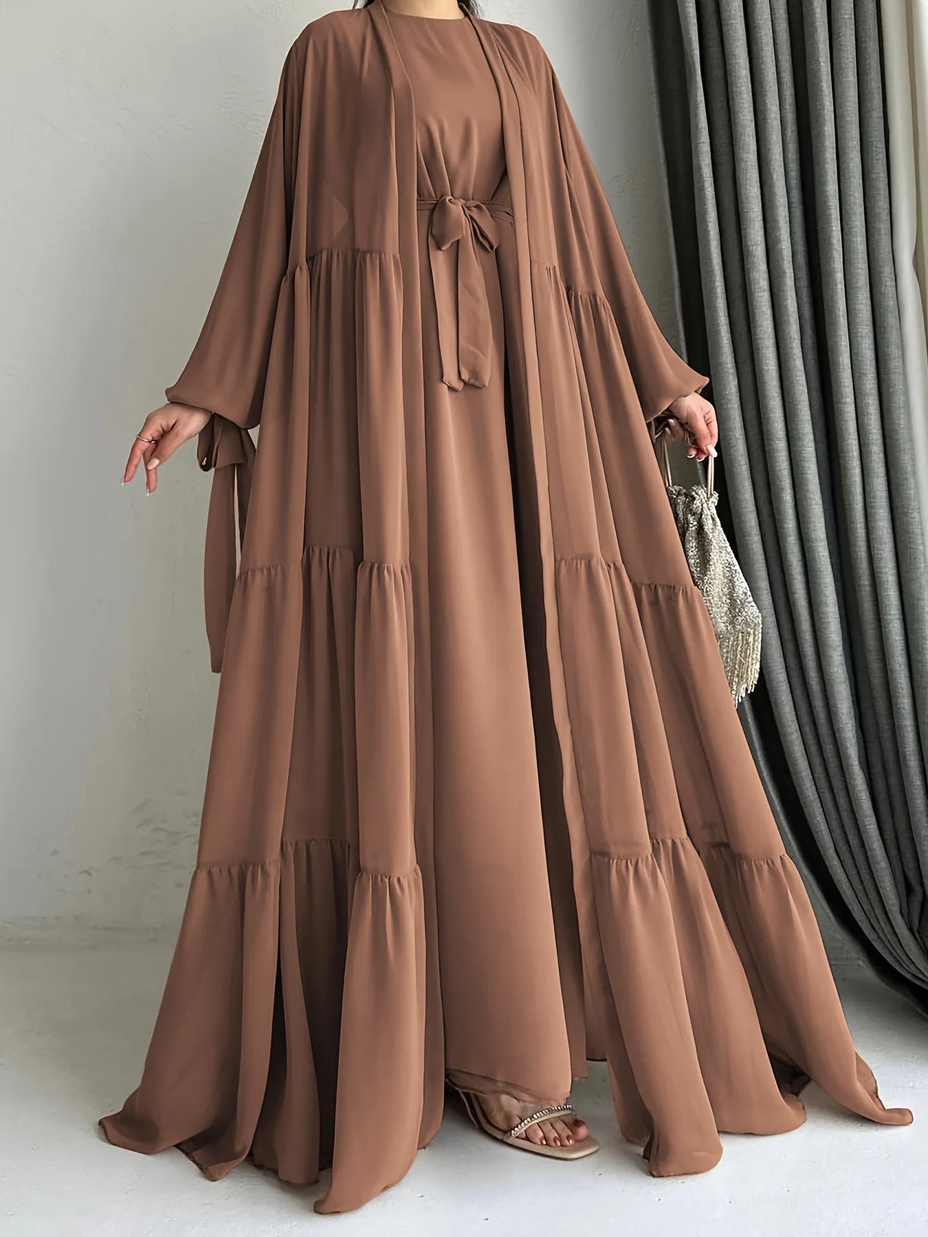 Modest Women Dresses Suit Long Coat Robe Muslim 2 Piece Set Vestidos Sashes Dubai Saudi Morocco Abayas Eid Ramadan Jalabiya