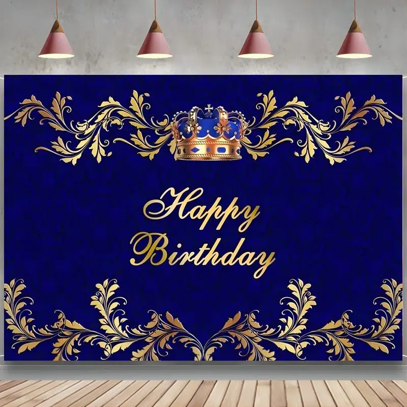 Crown Backdrop Blue Gold Birthday King Prince Royal Background for Photography Floral Men Birthday Party Banner Props 30th 50th