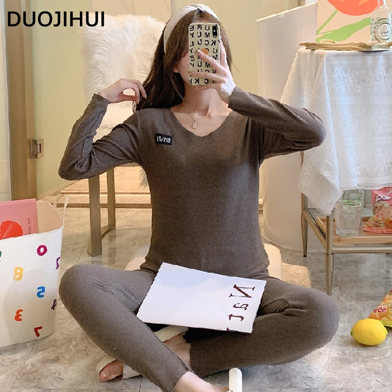 DUOJIHUI-Conjunto de pijama de 2 piezas para mujer, ropa de dormir de Color puro, jersey básico Simple, pantalones sueltos, 6 colores, a la moda, Invierno