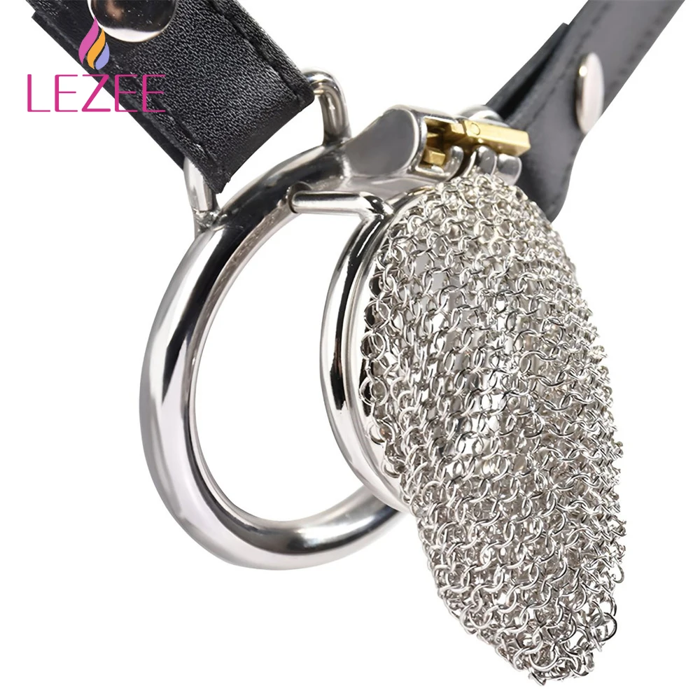 

LEZEE Stainless Steel Male Gauze Chastity Cage Hollow Mesh Penis Locks Mesh Cock Rings With PU Belt Adults Sex Toys For Men