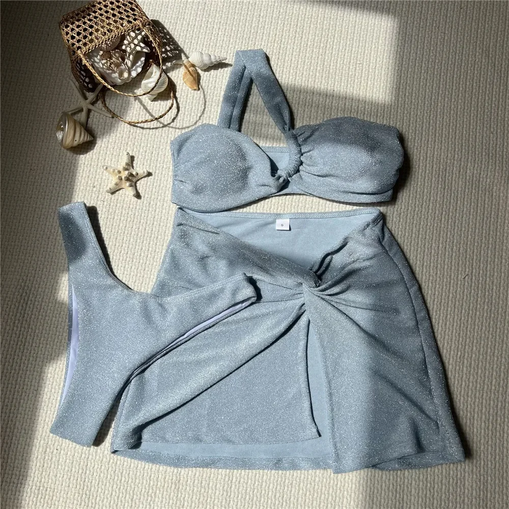 เงาสีเขียวอ่อนหนึ่งไหล่ชุดว่ายน้ําชุดบิกินี่ 3 ชิ้นชุดว่ายน้ําเซ็กซี่ผู้หญิง 2025 Bandeau บิกินี่ Mujer Beach Wear