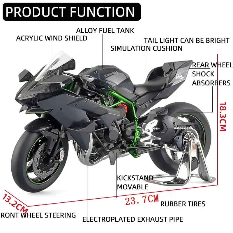 Modelo de motocicleta Kawasuki para crianças, 1:9, Ninja H2R, H2, luz e som, carro diecast grande, brinquedo do presente do menino, série do carro