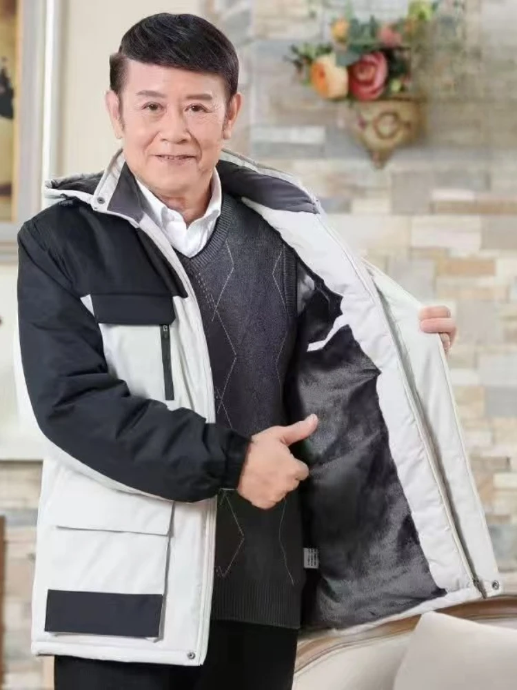 الرجال في منتصف العمر الشتاء سميكة الصوف القطن معطف يندبروف في الهواء الطلق التباين مقنعين سترات فائدة متعددة جيب سترات دافئة