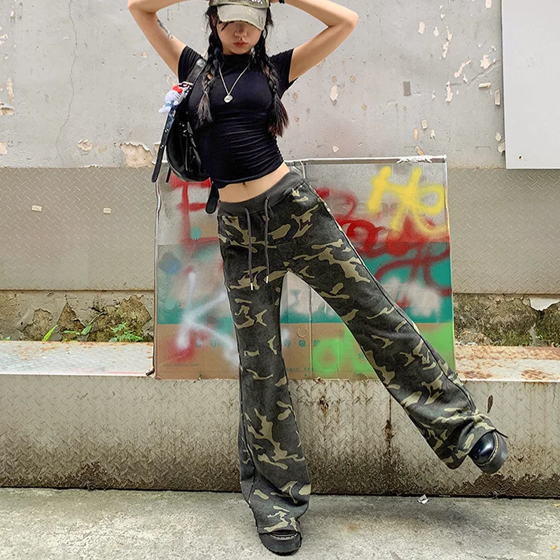 Y2K Casual Elastic Waist Camouflage Pants Loose Straight Cargo Pants Sweatpants Youthful Trousers Fashion Women Pants Streetwear