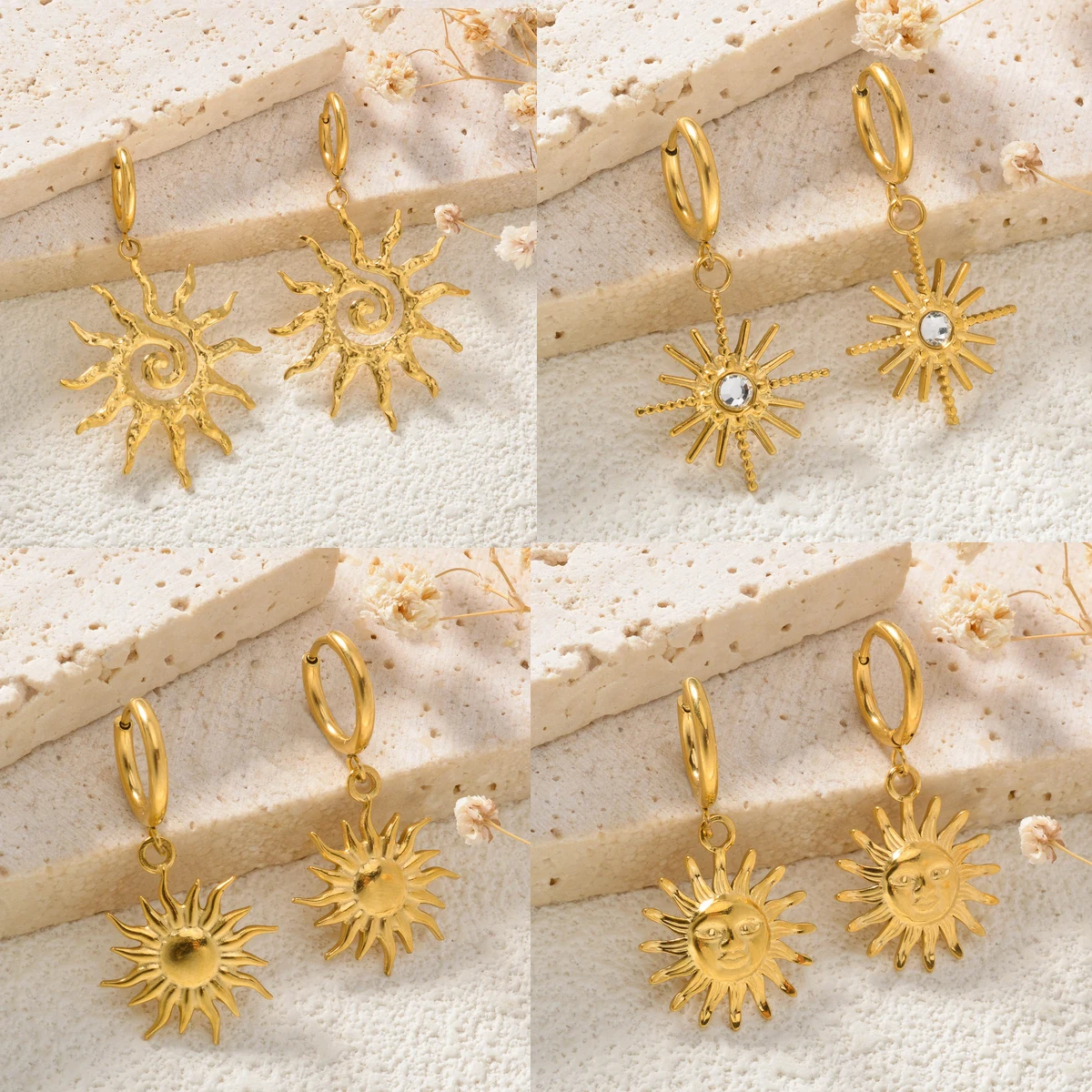 Stainless Stell Sun Dangle Earrings 18K Gold Plated Hypoallergenic Hoop Drop Earring Ear Jewelry For Women Boho Daily Party Gift