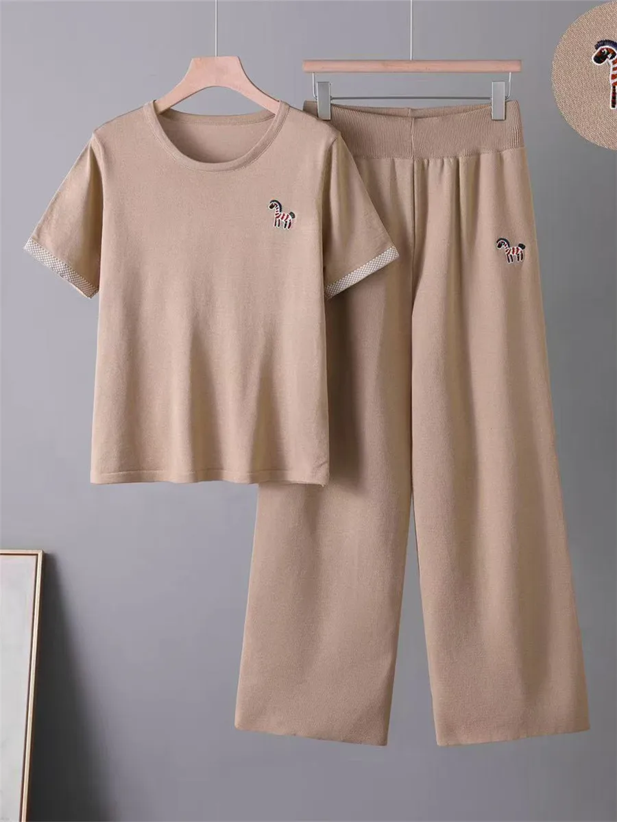 

Spring Summer 2026 round Neck Short Sleeve Embroidered Knitted T-Shirt Wide Leg Pants Set Casual Breathable Women's Fashion E...