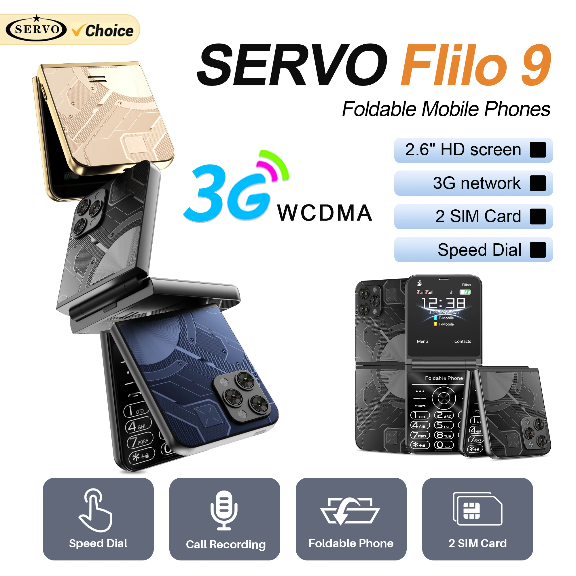 سيرفو Flilo9 3G WCDMA فليب الهاتف المحمول سرعة الاتصال الهاتفي تسجيل القائمة السوداء راديو FM زر الوجه الهاتف الخليوي المزدوج سيم الاستعداد