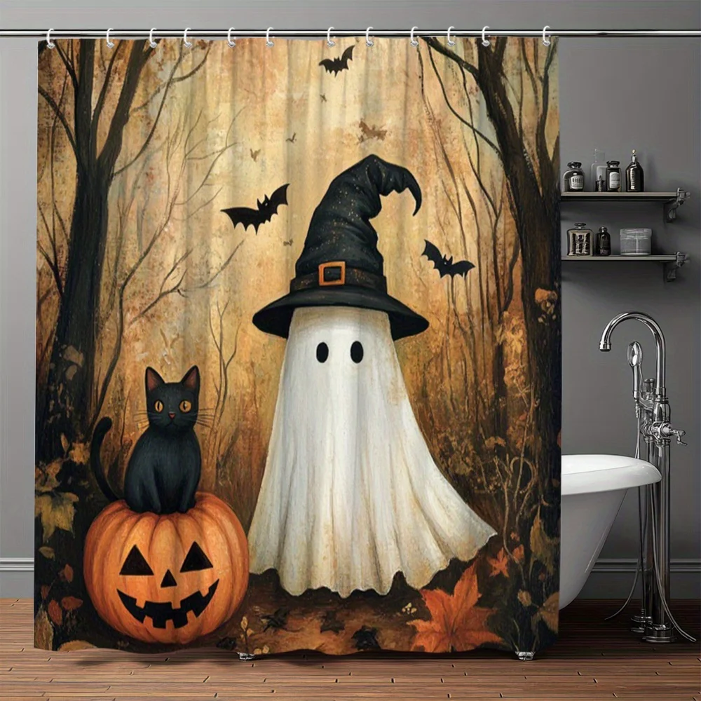 Halloween Ghost Pumpkin Cat Shower Curtain Spooky Fall Bathroom Decoration Horror Haunted House Bath Linen Curtain Storage Decor