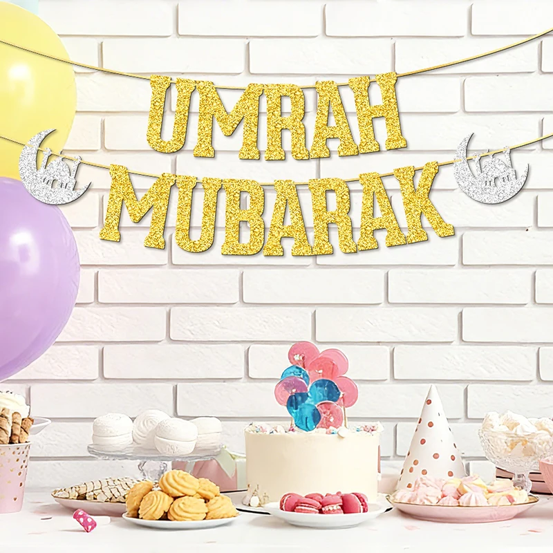 YOMDID Umrah Mubarak Banner Glitzer Umrah Mubarak Dekorationen Partybanner für Islamische Muslimische Dekorationen Partyzubehör – Detail 9