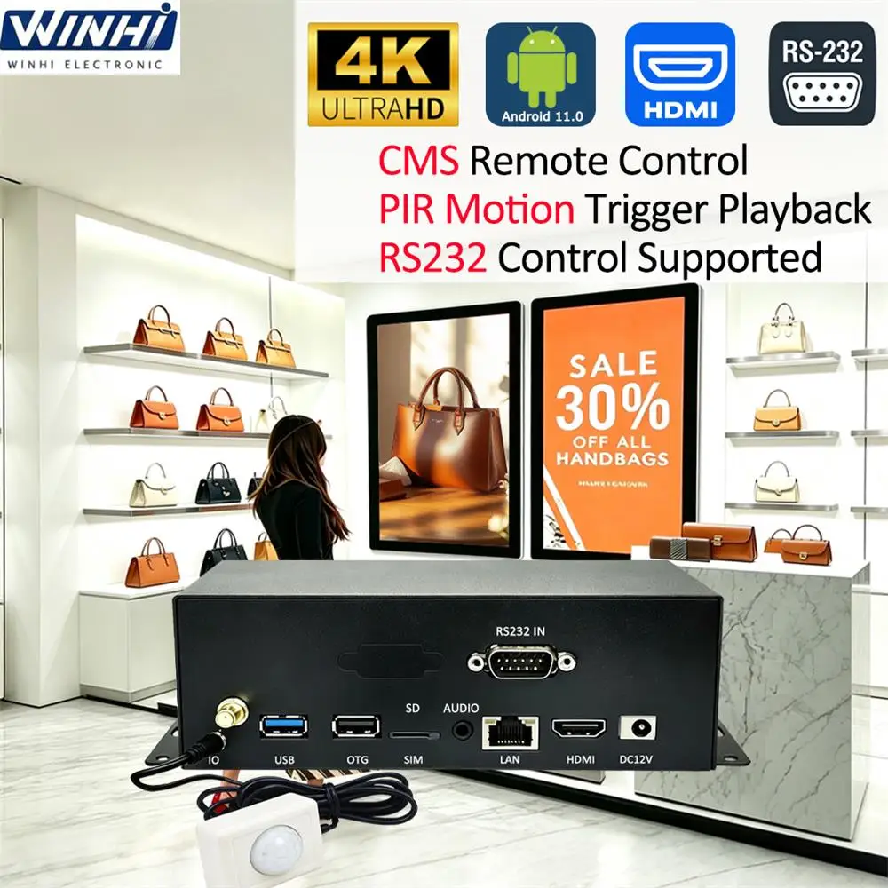 MPC3840-3 RK3566 Android 11.0 4K UHD PIR Motion Sensor RS232 Control With Wide Area Network CMS Digital Signage Advertising Box