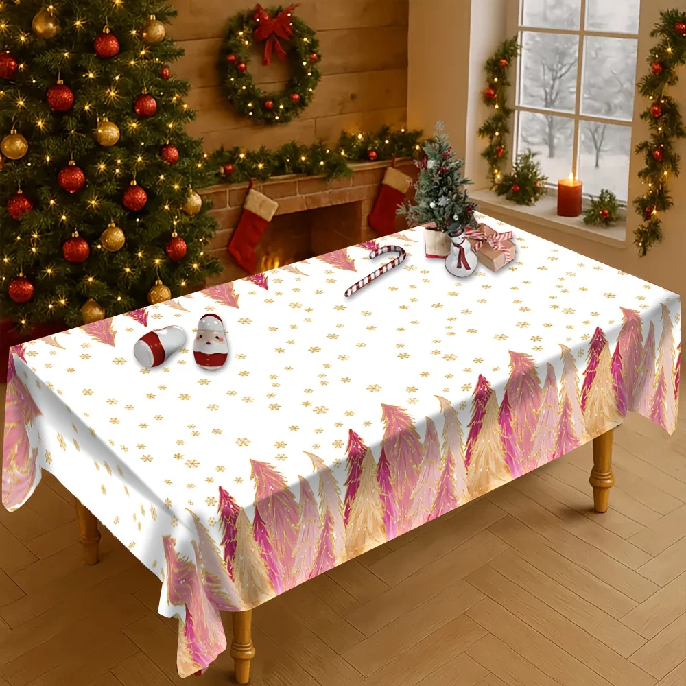 White Pink Gold Christmas Tree Rectangle Table Cloth Christmas Decoration Reusable Tablecloth for Indoor Banquet Table Decor