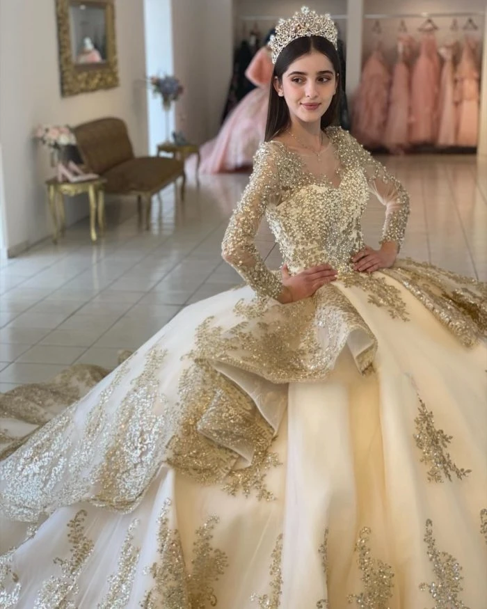 Vestidos de Quinceañera de princesa champán, vestido de baile de manga larga, apliques de tul dulces 16, 15 Años, personalizado