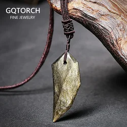 Natural Ice Gold Color Obsidian Wolf Tooth Pendant Necklace For Women And Men Sweater Rope Amulets Talismans Jewelry