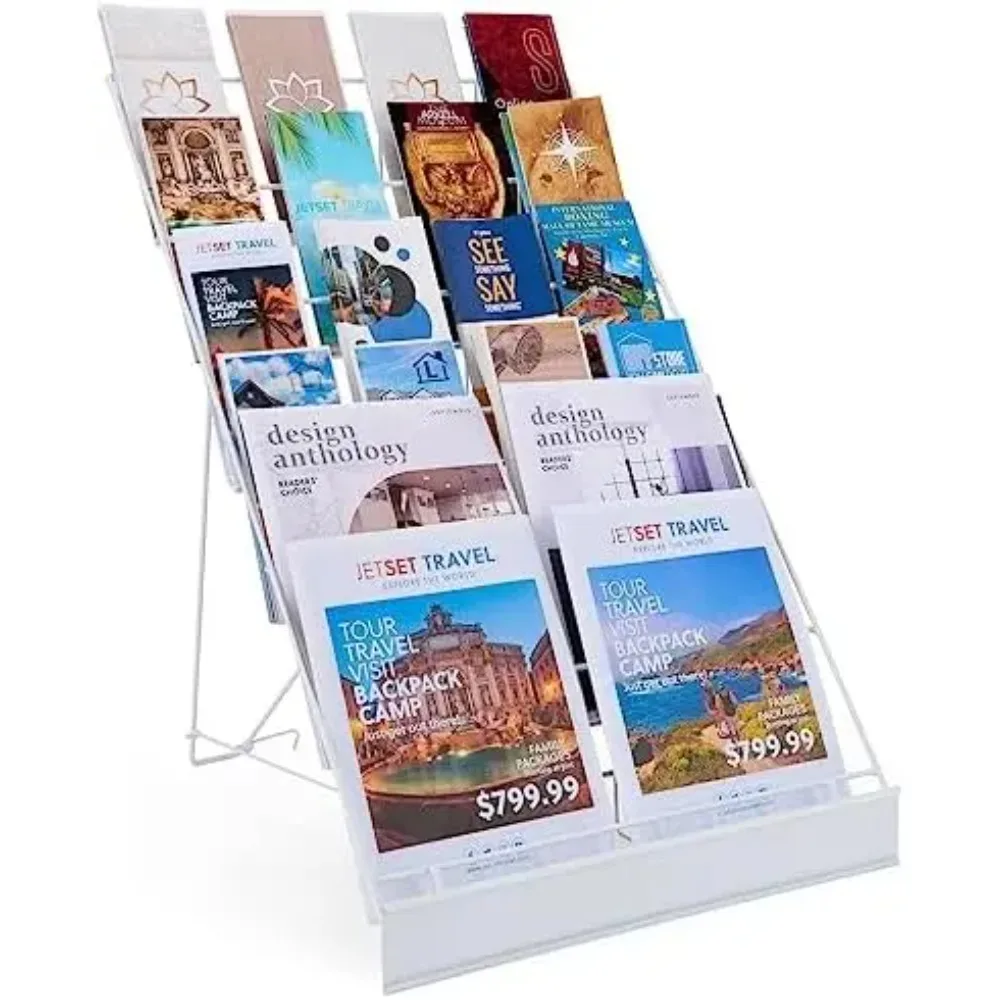 6‑Tier Wire Magazine Rack for Brochures & Literature, Metal Countertop Display Rack with Front Sign Channel – White