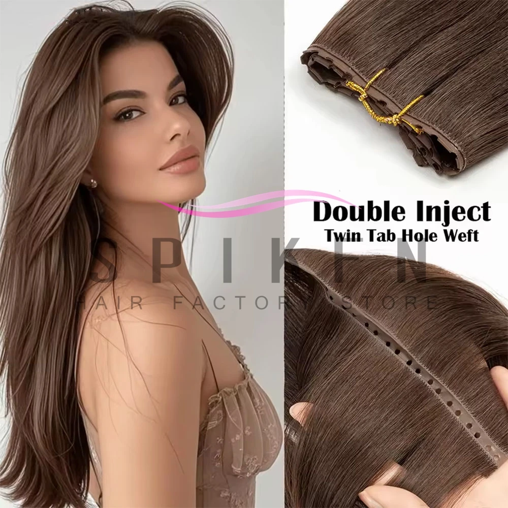 SPIKFN Double Inject XO Hole Weft Cheveux Humains, Tissage Invisible à Double Bande PU, Cheveux Humains Véritables, Tissage Micro-Loop, Lots de Cheveux 40-50g