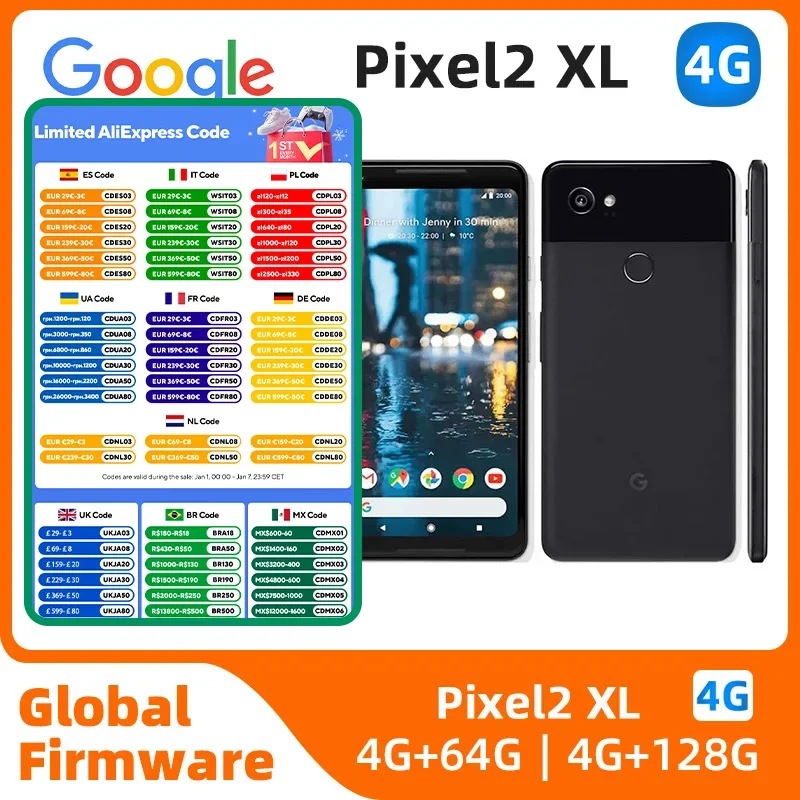 Google Pixel 2 XL 4G bands 4GB RAM 64GB/128GB ROM 3520mAh 12MP NFC Fingerprint Smartphone Cell Phone Original Unlocked 99% New