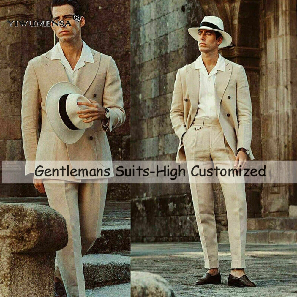 

Brown Linen Suits Men Slim Fit Double Breasted Jacket Pants 2 Pieces Smoking Business Blazers Set Formal Wedding Groom Tuxedos