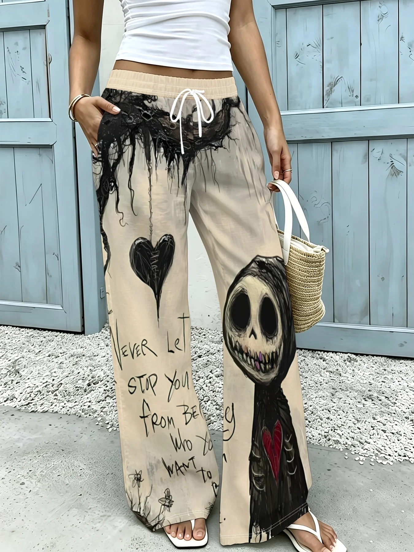Women'S Elastic Drawstring Wide-Leg Casual Long Pants, Skull Doll with Heart Hand-Painted Text Print