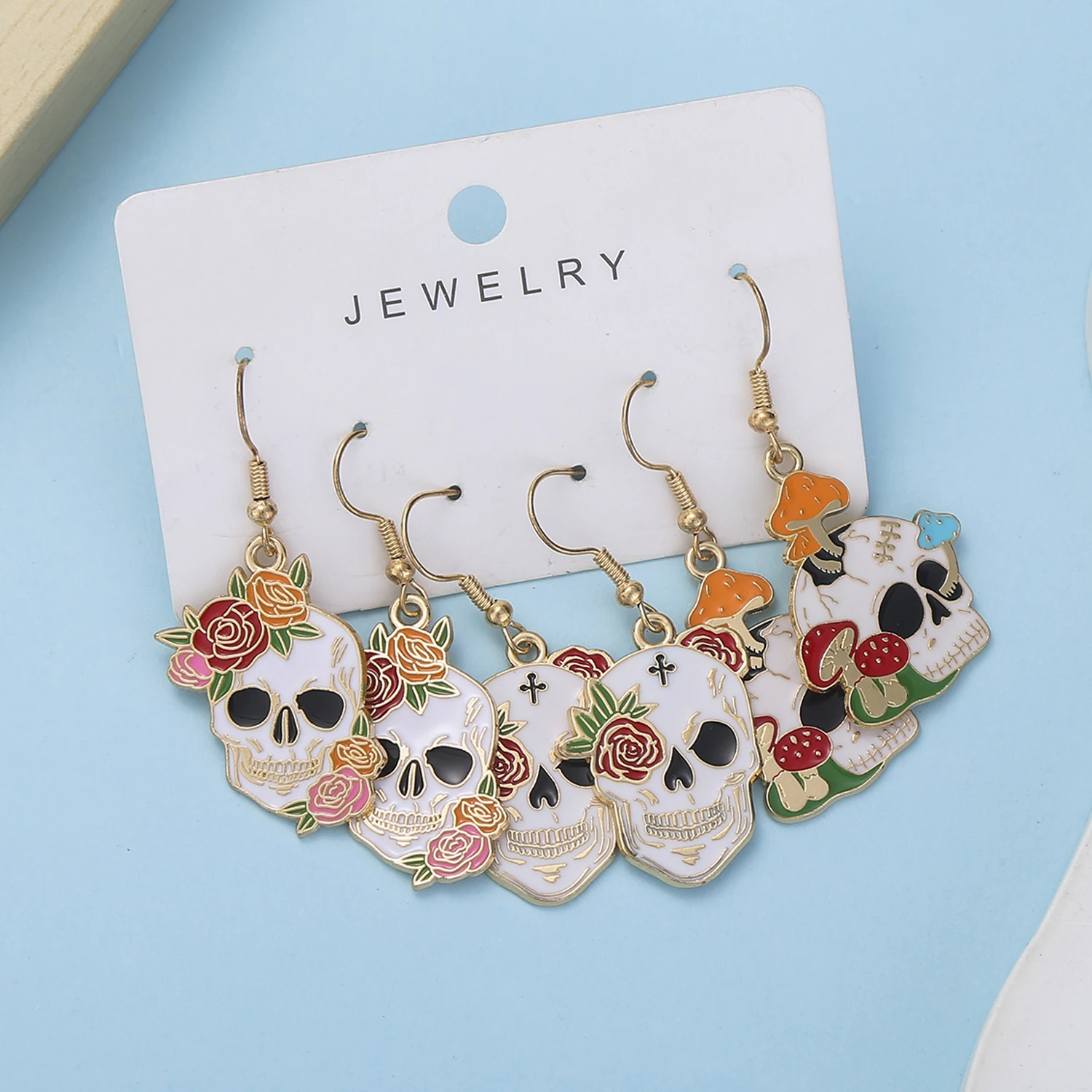 3 Pairs of Alloy Enamel Colored Halloween Flower Skull Dangle Earrings Set Charms And Interesting Jewelry Girl Gift