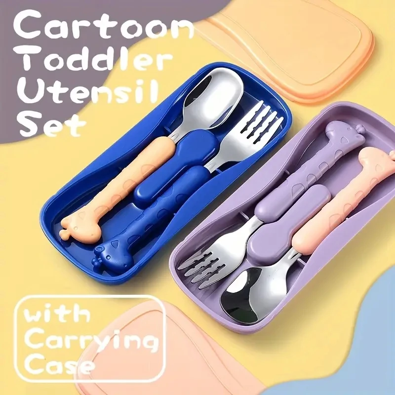 Cartoon Toddler Utensil Set, Kid Spoon And Fork Set, Stainless Steel Toddler Safe Silverware Set For Children Self-Feeding With