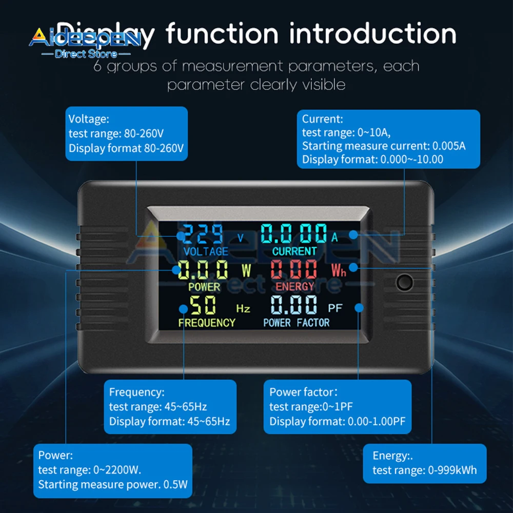 PZEM-020 Wattmeter Power Meter Voltmeter AC 80-260V Voltage Power Analyzers LCD AC Electricity Meter 10A 2200W Detector
