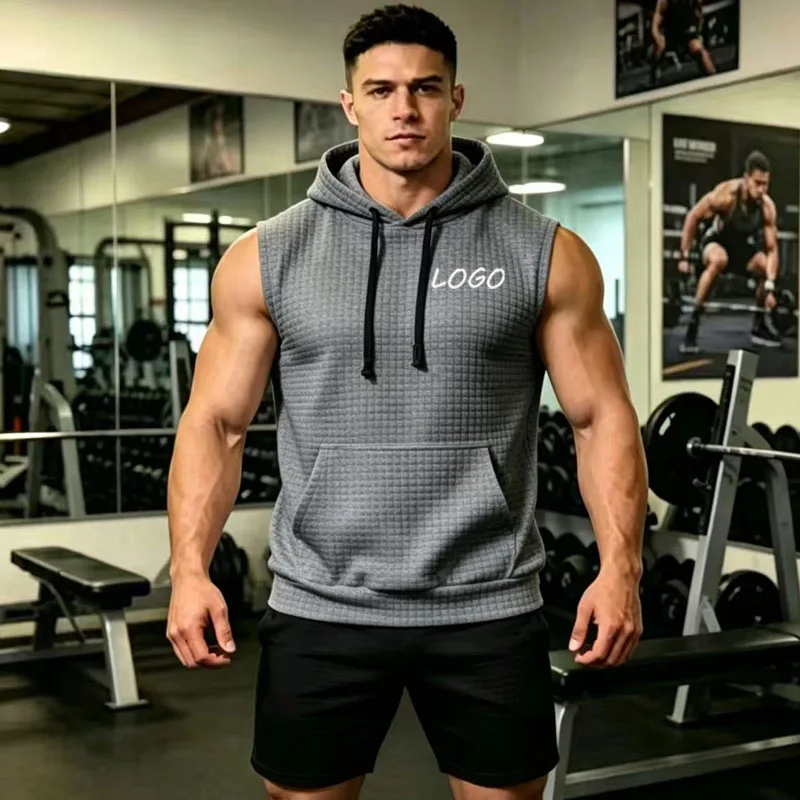 Summer Men Waffle Sleeveless Hoodie Vest Kangaroo Pocket Gym Workout Casual Streetwear Fitness Pullover Tops