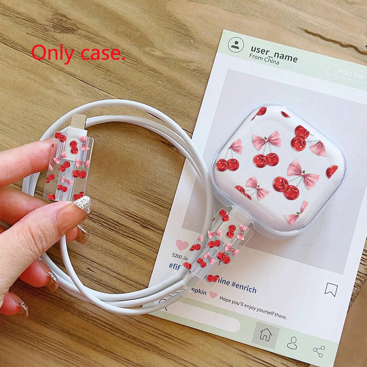 Transparent Pink Bow Protective Case Design TPU Charger Protective Case for iPhone17/16pro Mobile Phone 40W Fast Charging Cable