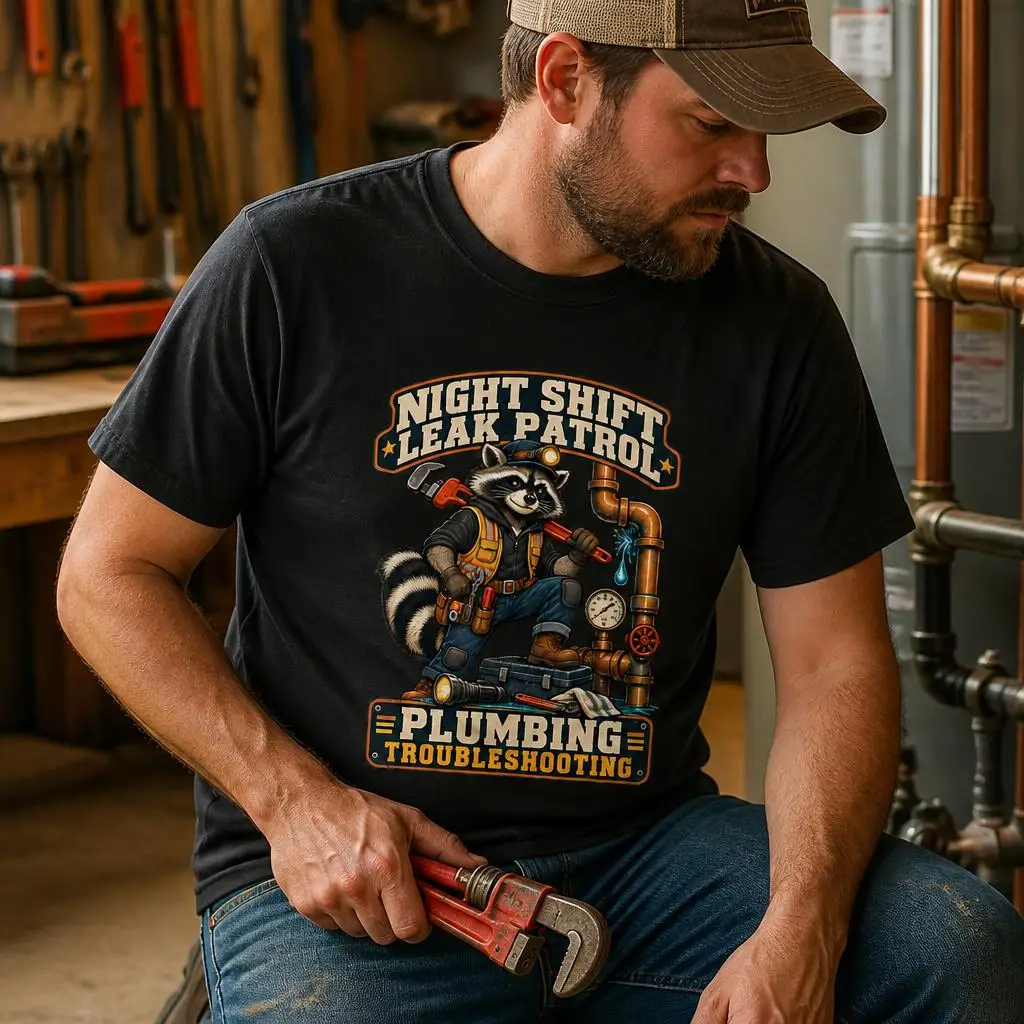 Raccoon Plumber Night Shift Leak Patrol T Shirts Casual Tees Short Sleeve Round Collar T-Shirt Pure Cotton Tops