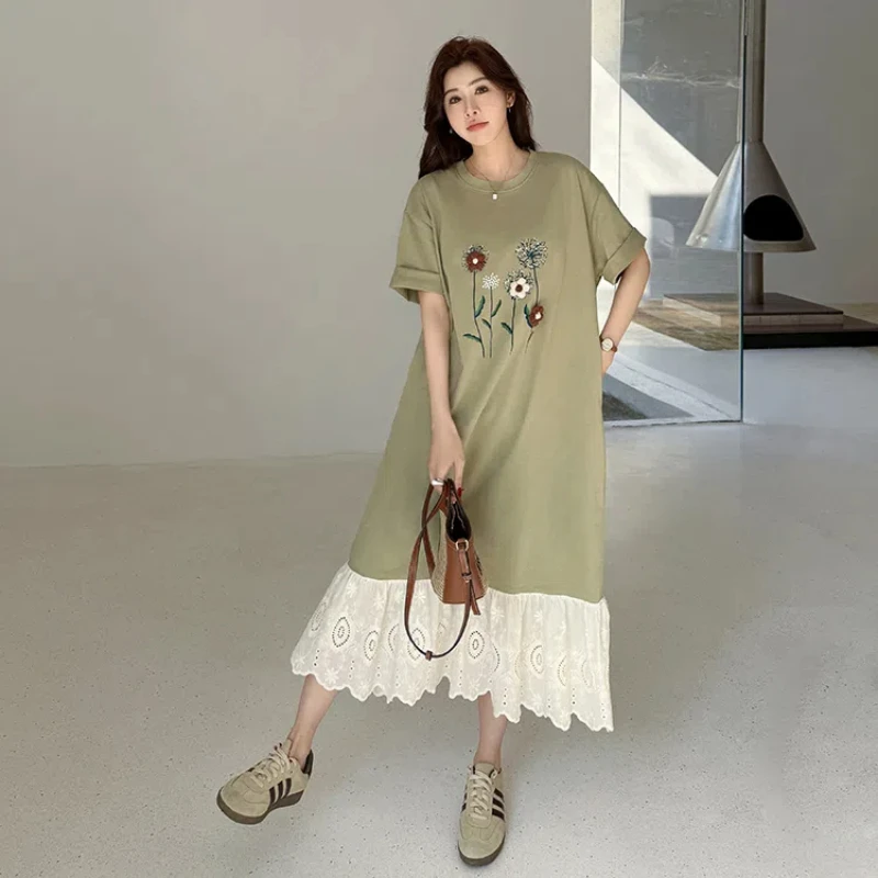 ผู้หญิงหลวมพลัสขนาดเสื้อยืดชุดฤดูใบไม้ผลิฤดูร้อน 2025 Casual Jacquard Patchwork Lady Vestidos KE6805