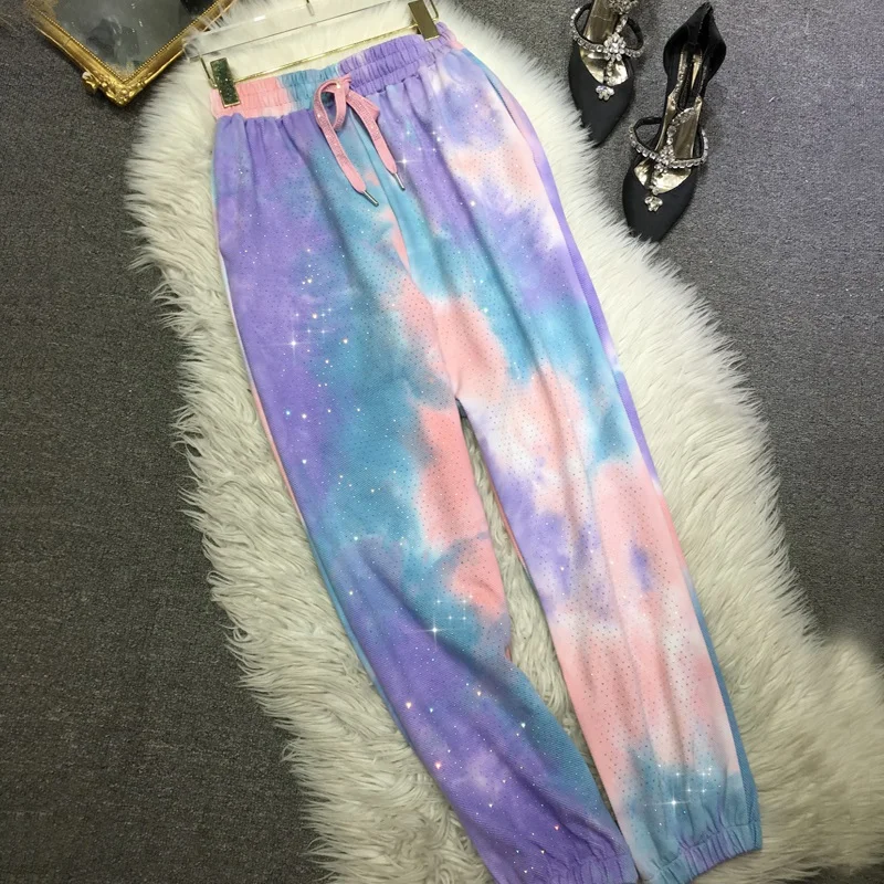 

Blingbling Hot Drilling Women Sweatpants Gradient Tie-dye 2023 New Spring Long Trousers Elastic Waist Casual Sports Harem Pants