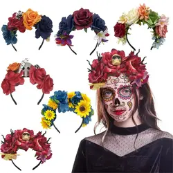 Mexican Flower Crown Halloween Rose Flower Crown Headband Boho Floral Rainbow Hawaiian Hair Headpiece for Party Costume Wedding