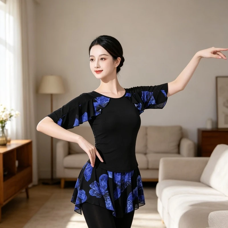Tops für lateinamerikanischen Tanz für Damen, bedruckt, mit Lotusblattkante, für Gesellschaftstanz, Walzer, modernes Üben, Auftritt, elegant, schlank, atmungsaktiv, lässiges Hemd