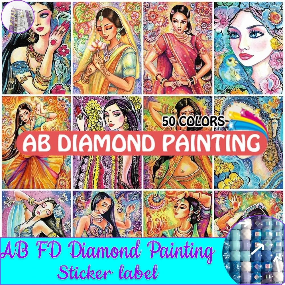 AB Mosaic Portrait 5D DIY Diamond Painting Indian Cartoon Woman 50 Colors Full Square/Round Drill Embroidery Kits Handicraft