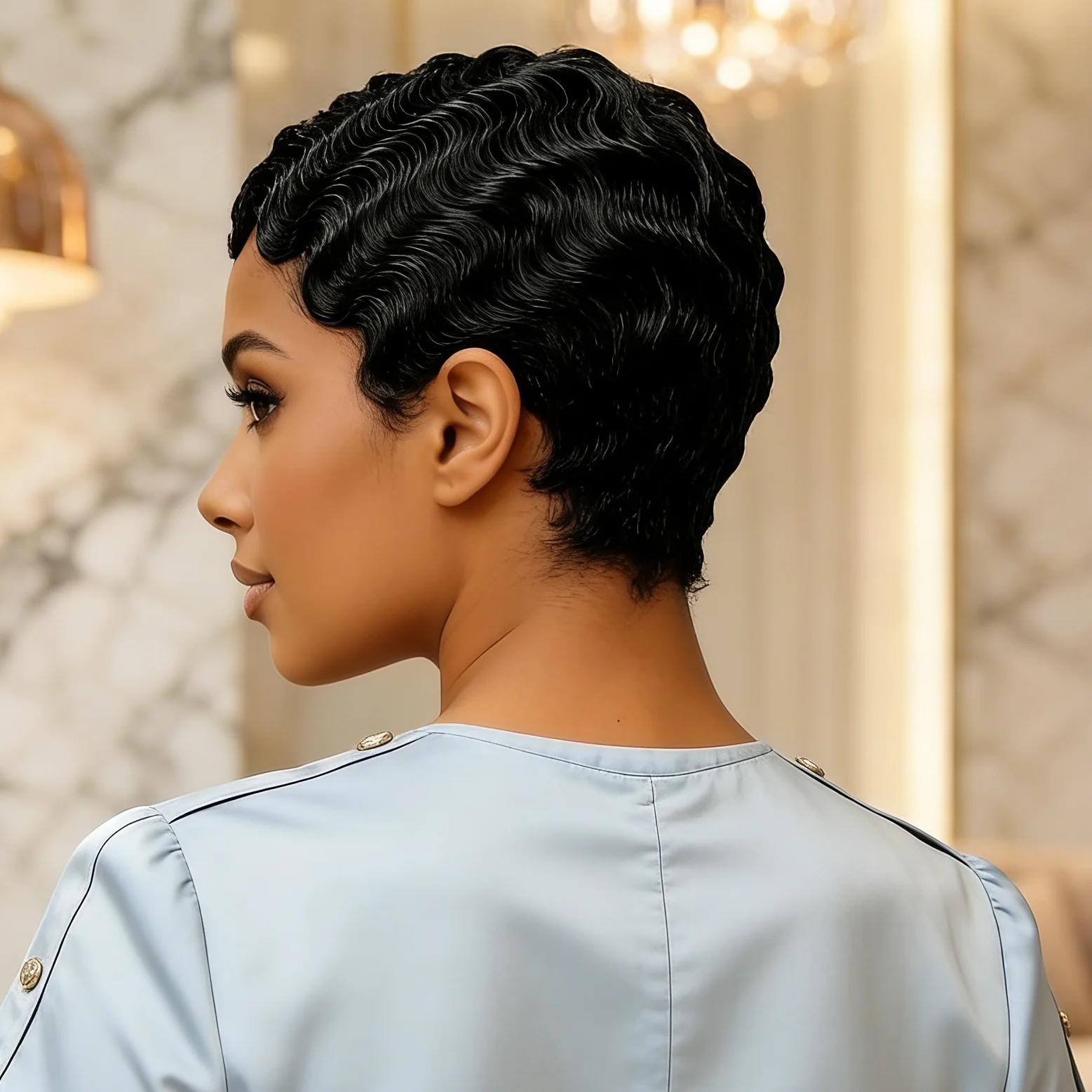 

Парик из натуральных бразильских волос Finger Wave, короткая стрижка пикси для женщин, естественный вид, короткие волосы, полностью машинной работы.