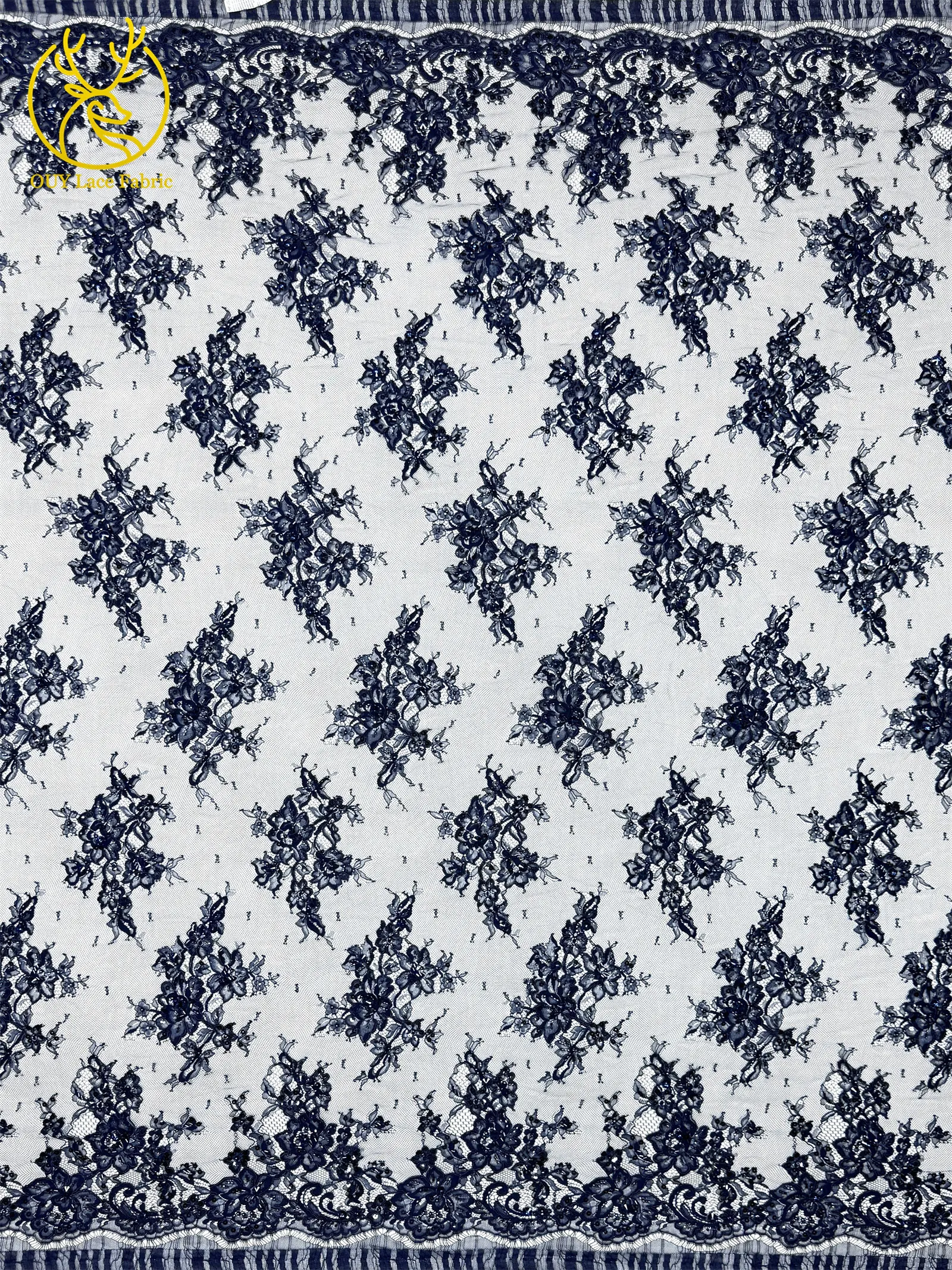Afrikanische Diamant-Spitzenstickerei mit Pailletten, 3 Meter Marineblauer Französischer Perlen-Tüllstoff für Nigerianische Partykleider – Detail 5