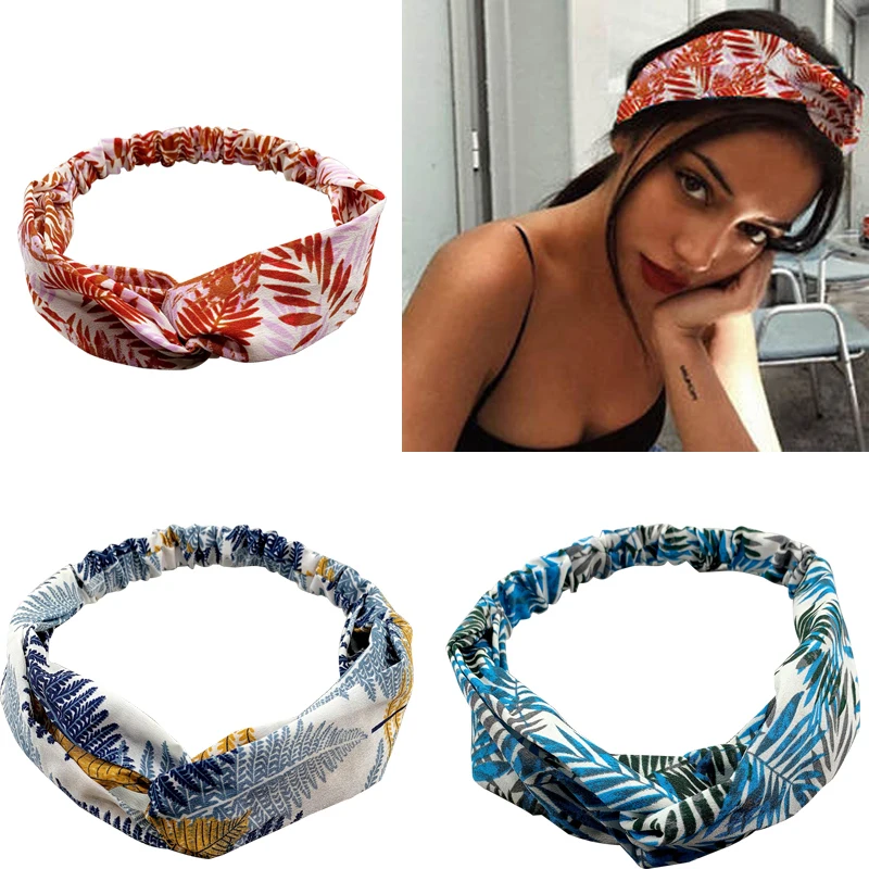 

2020 New Women Turban Cross Knot Headband Hair Bands Girl for Elastic Leaf Print Fashion Headdress Elastic Girls Accessorie