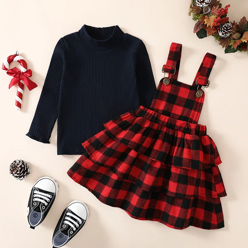 1-5T Kids 2-Piece Girls Dress Christmas Outfit  Solid Color Ribbed Turtleneck Long Sleeve Top + Plaid Ruffle Dress Set Green Red