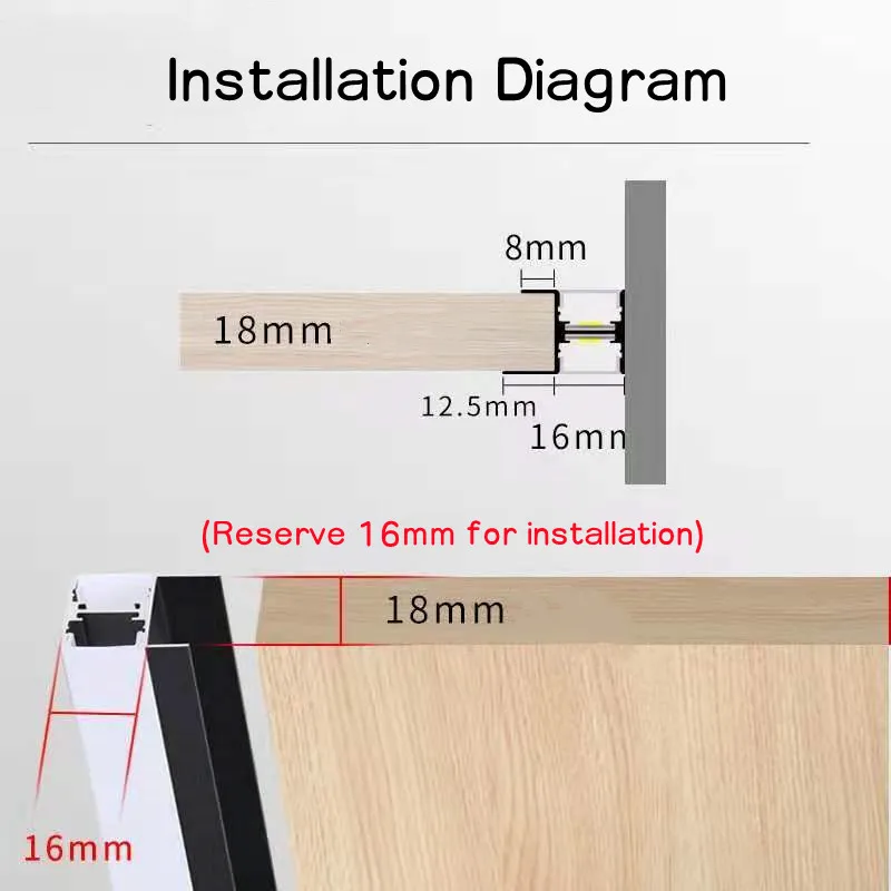 Perfil de led embutido de 18mm para armário de madeira, vitrine, iluminação dupla face, perfil de alumínio, barra dura, luz dc12v