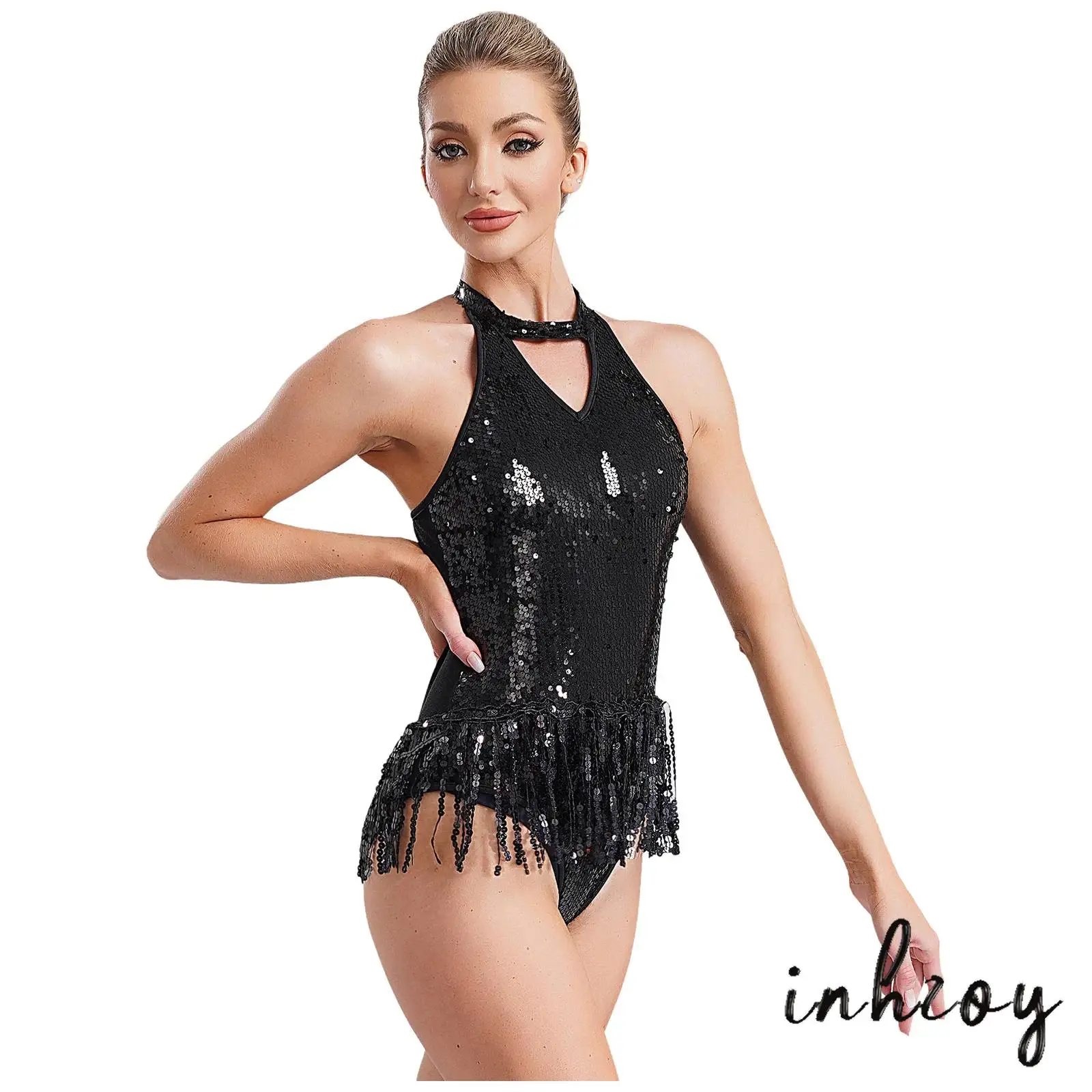 

Sexy Womens Dancewear Sleeveless Round Collar Hollow Out Shiny Sequin Tassel Dance Dress for Latin Performance Nightclub Costume
