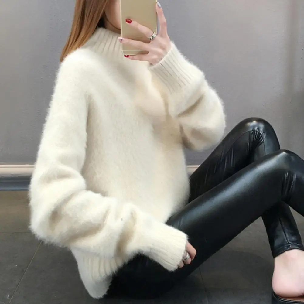 

Breathable Knit Top Cozy Women's Knitwear Collection Half High Collar Sweater Ribbed Trim Knit Top Elastic Pullover for Winter