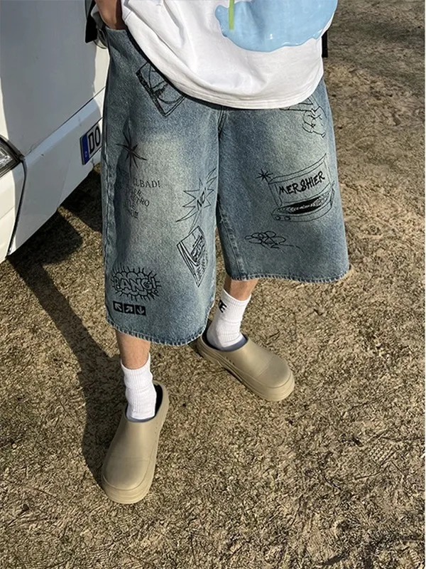 Calças Jeans Retro Americanas com Estampa de Grafite, Corte Solto, Finas para o Verão, Tendência de Moda para Homens e Mulher...