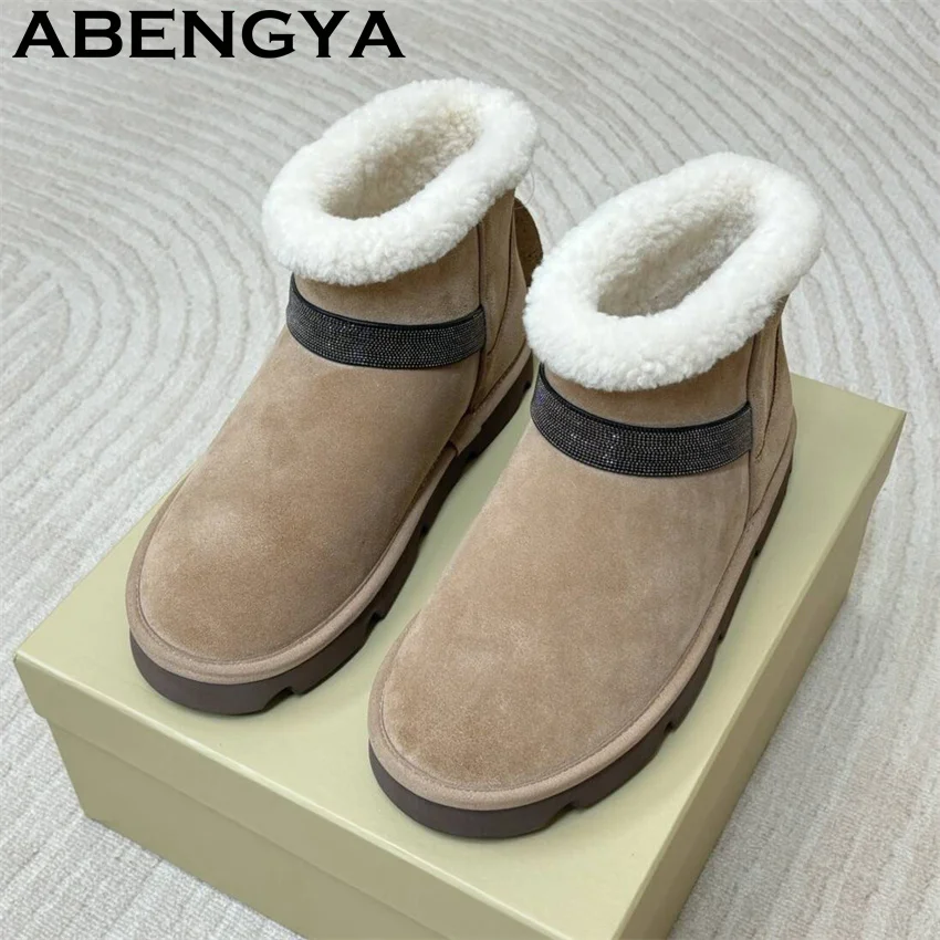 

2025 Winter Suede Leather Warm Snow Boots Women's Wool Inside Round Toe Flats Ankle Boots Winter Casual Punk Short Boots Woman