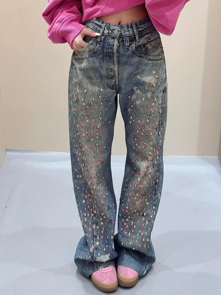 

Американские джинсы High Street Heavyweight с 3D-принтом в виде конфет и стразами, женские, сексуальные, в стиле ретро, модный дизайн, удлиненные до пола