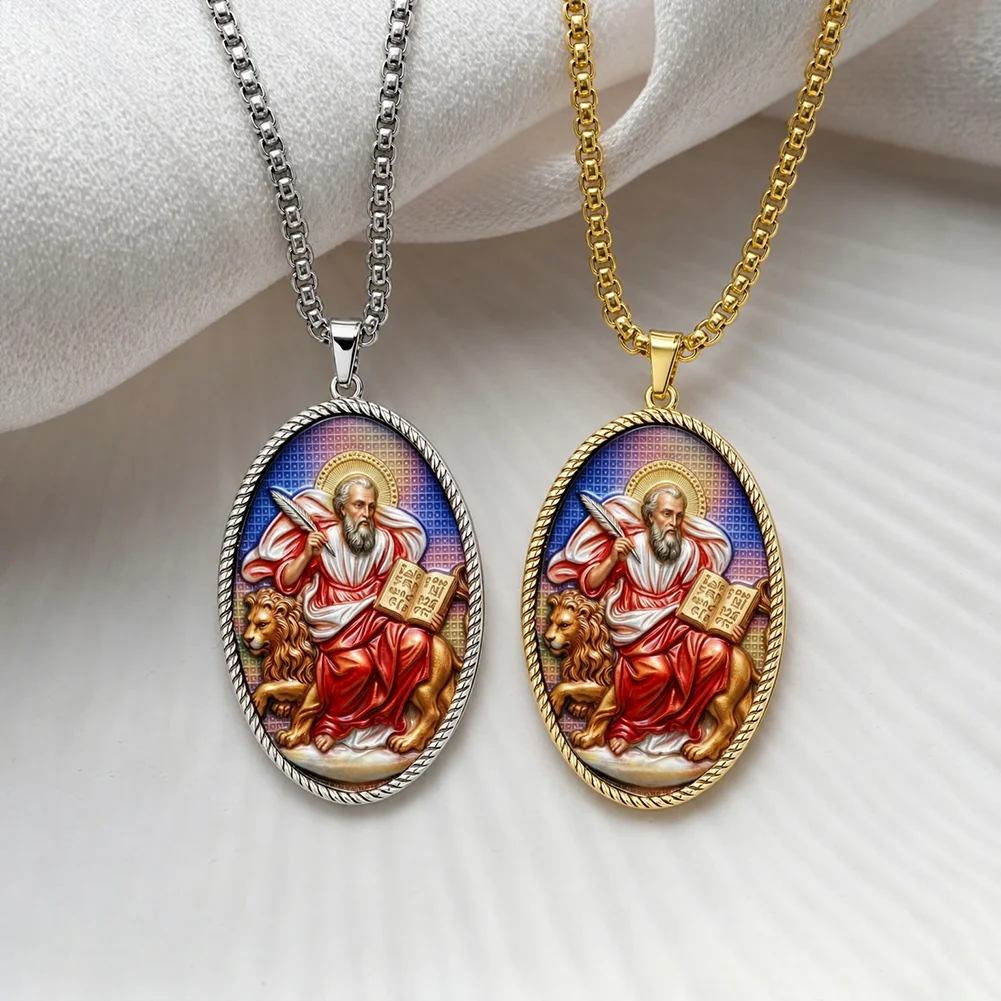Saint Mark Evangelist Oval Medal Pendant Necklace Stainless Steel Color Picture Enamel Catholic Saint Amulet Religious Jewelry