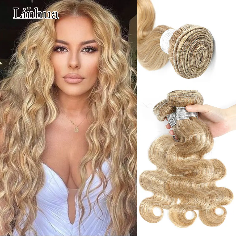 Linhua Body Wave P27/613 Human Hair Bundles 8 to 30 Inch Body Wave Human Hair HIghlight Blonde Machine Made Double Weave Weft