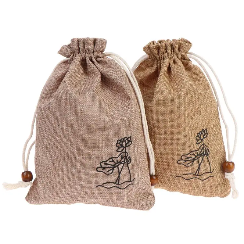2 Stück Jute-Zugbeutel mit Kordelzug, Baumwolle, Leinen, Lotusmuster, Hochzeitsbeutel, Weihnachtsverpackung, Aufbewahrung von Kristallsteinen, Geschenktüten – Detail 6