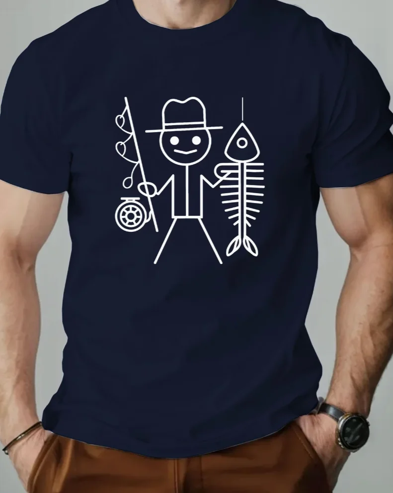 Men's Stick Figure T-Shirt with Fishing Rod Print Summer Casual Short Sleeve T-Shirts