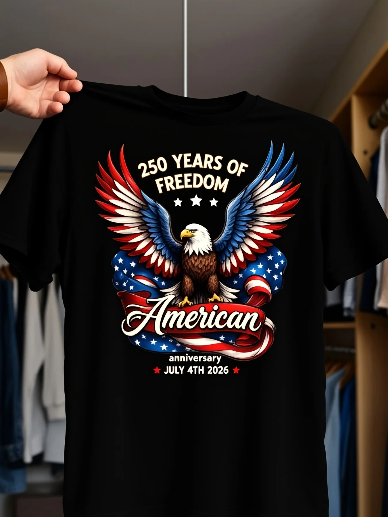 Men's 250 Years Freedom American Anniversary TShirt USA Flag Eagle Patriotic Design Soft Breathable Round Neck Short Sleeve Casual Shirt Suitable for 4Th Of Parades Casual Attire MachineRetro Casual Short-sleeved T-shirt with a Round Neck and Printed