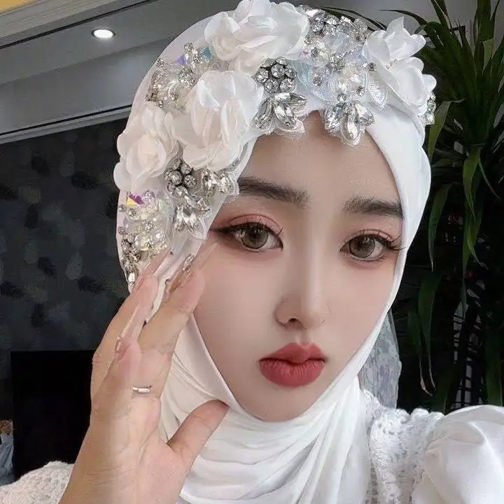 

Diamonds Flower Instant Scarf Women Muslim Hijab Scarves Head Covers Bride Headscarf Wrap Middle East Amira Niqab Jersey Hijabs