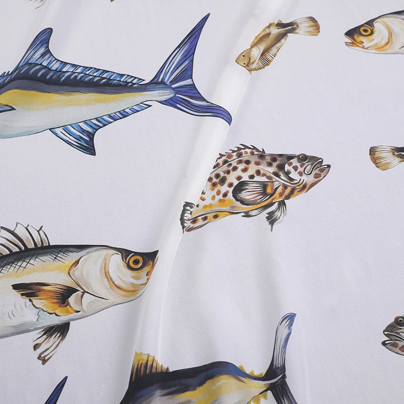 

Underwater World Printed Silk Crepe de Chine Fabric-Fishes Printed Thin Silk Fabric for Shirt Dress Pants 140CM Wide 16MM R151